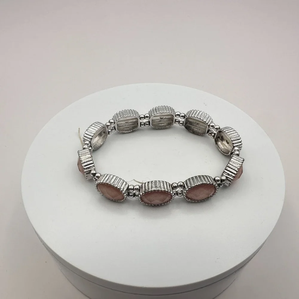 Vintage 90s Y2K Pink Faux Sunstone Stretch Bracelet Silver Tone Jewelry